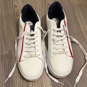 Men's White Lace-Up Sneakers with Red Stripe Accent